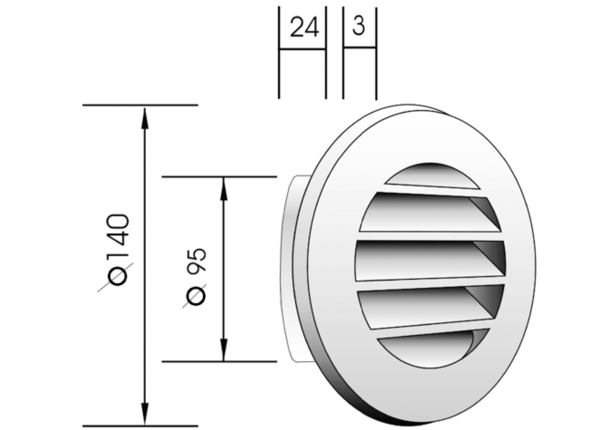 AGKR140W IM0012091.PNG Außengitter für Wandventil Fresh 90 und Fresh 100 Thermo. Farbe: weiß, ähnlich RAL 9010.