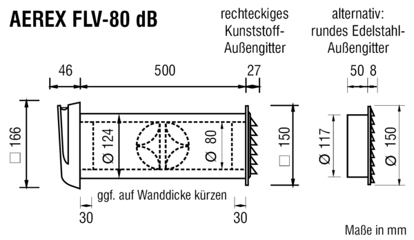 FLV-80 dB-K IM0012151.PNG Außenluftdurchlass (ALD) nach DIN 1946-6. Wandventil mit manuell stufenloser Einstellung und Filter, mit Sturmsicherung und Schalldämmung für normale Schalldämmanforderungen