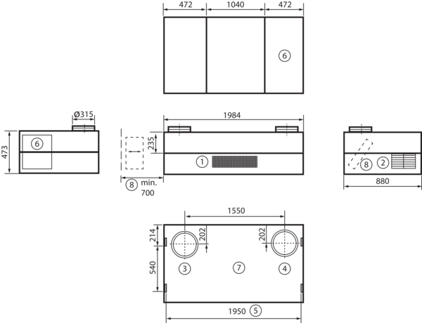 geniovent.x 900 H D-G-SU IM0016894.PNG Dezentrales RLT Gerät mit sehr hoher Wärmerückgewinnung.  Mit Kreuz-Gegenstrom-Wärmetauscher und Vorheizregister, Außen- und Fortluftanschlüsse nach oben, Ausblasung unten, komplett verkleidet. CO2-Sensor im Gerät integriert.