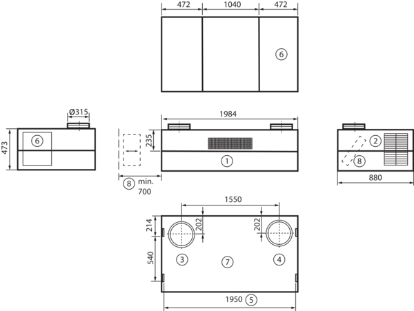 geniovent.x 900 H D-G-SO IM0016895.PNG Dezentrales RLT Gerät mit sehr hoher Wärmerückgewinnung.  Mit Kreuz-Gegenstrom-Wärmetauscher und Vorheizregister, Außen- und Fortluftanschlüsse nach oben, Ausblasung oben, komplett verkleidet. CO2-Sensor im Gerät integriert.
