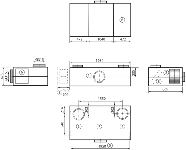 geniovent.x 900 H D-E-K1 IM0016896.PNG Dezentrales RLT Gerät mit sehr hoher Wärmerückgewinnung.  Mit Enthalpie-Wärmetauscher, Außen- und Fortluftanschlüsse nach oben, Zuluft über Kanal, Abluft am Gerät, Abluftseite und Elektroseite mit Paneele verkleidet. CO2-Sensor im Gerät integriert. Mit App zur mobilen Geräte-Ansteuerung.