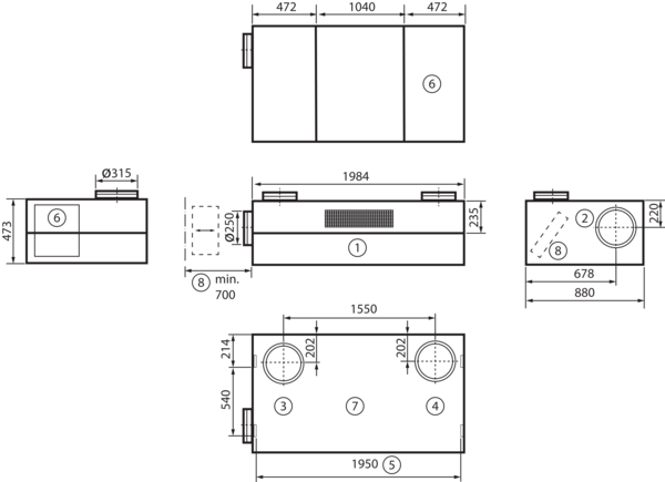 geniovent.x 900 H D-E-K2 IM0016897.PNG Dezentrales RLT Gerät mit sehr hoher Wärmerückgewinnung.  Mit Enthalpie-Wärmetauscher, Außen- und Fortluftanschlüsse nach oben, Abluft über Kanal, Zuluft am Gerät, Zuluftseite und Elektroseite mit Paneele verkleidet. CO2-Sensor im Gerät integriert. Mit App zur mobilen Geräte-Ansteuerung.
