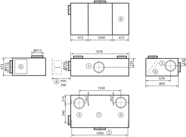 geniovent.x 900 H D-E-K3 IM0016898.PNG Dezentrales RLT Gerät mit sehr hoher Wärmerückgewinnung.  Mit Enthalpie-Wärmetauscher, Außen- und Fortluftanschlüsse nach oben, Zu- und Abluft über Kanal, nicht verkleidet. CO2-Sensor im Gerät integriert. Mit App zur mobilen Geräte-Ansteuerung.