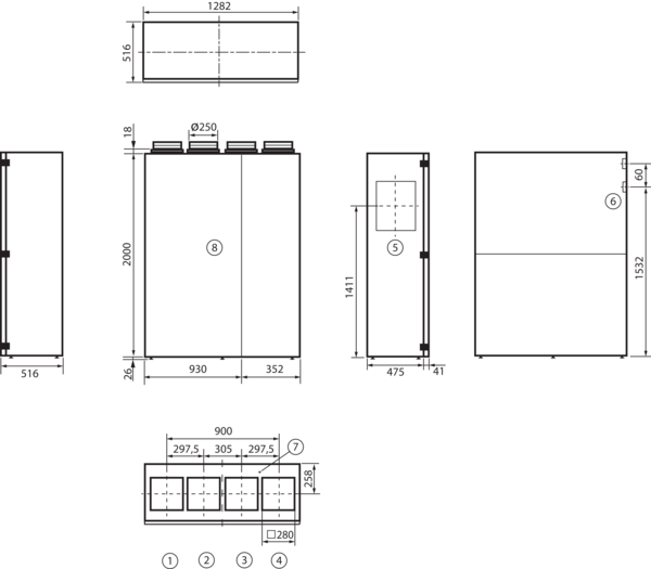 geniovent.x 600 S DR-E-K3 IM0016900.PNG Dezentrales RLT Gerät mit sehr hoher Wärmerückgewinnung. 600 m³/h, mit Enthalpie-Wärmetauscher, Anschluss nach oben, Außenluft rechts, Zu- und Abluft über Kanal, CO2-Sensor im Gerät integriert.