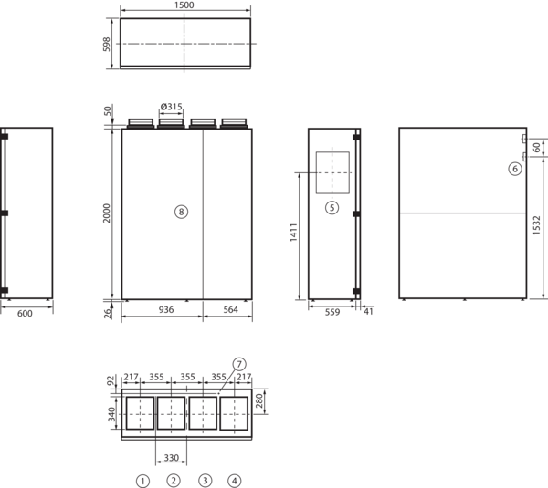 geniovent.x 900 S DR-G-K3 IM0016904.PNG Dezentrales RLT Gerät mit sehr hoher Wärmerückgewinnung. 900 m³/h, mit Kreuz-Gegenstrom-Wärmetauscher und Vorheizregister, Anschluss nach oben, Außenluft rechts, Zu- und Abluft über Kanal, CO2-Sensor im Gerät integriert.