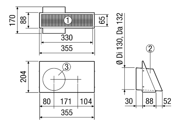 AKW-R-125 IM0017045.PNG Kombi-Wandstutzen. Ansaug- und Fortluftstutzen in einem. Rechtsversion - Außenluftansaugung rechtsseitig. Edelstahl, gebürstet.