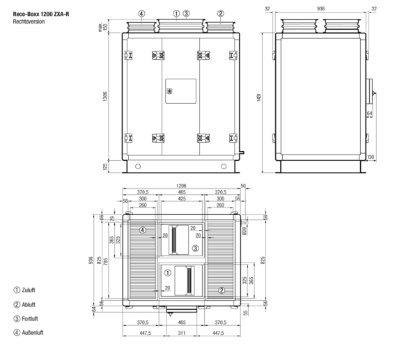 Reco-Boxx 1200 ZXA-R / WN IM0017182.PNG Luft-Luft Wärmerückgewinnungs-Zentralgerät mit Bypass und Wassernachheizregister