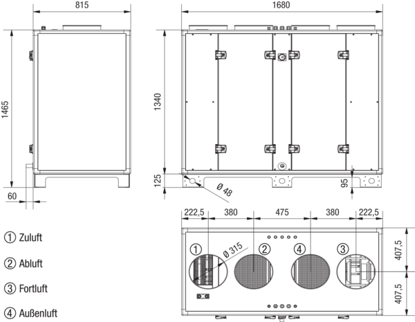 Reco-Boxx 1500 ZXA-L / EV / EN IM0019596.PNG Luft-Luft Wärmerückgewinnungs-Zentralgerät mit Gegenstromwärmetauscher und modulierendem 0-100%-Bypass. Obenliegende Luftanschlüsse. Zuluftanschluss links (-L). Mit Elektro-Vorheizregister (-EV) zum Frostschutz. Mit Elektronachheizregister (-EN).