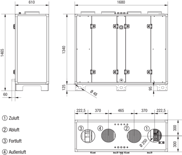 Reco-Boxx 900 ZXA-R / EV / EN IM0019606.PNG Luft-Luft Wärmerückgewinnungs-Zentralgerät mit Gegenstromwärmetauscher und modulierendem 0-100%-Bypass. Obenliegende Luftanschlüsse. Zuluftanschluss rechts (-R). Mit Elektro-Vorheizregister (-EV) zum Frostschutz. Mit Elektronachheizregister (-EN).