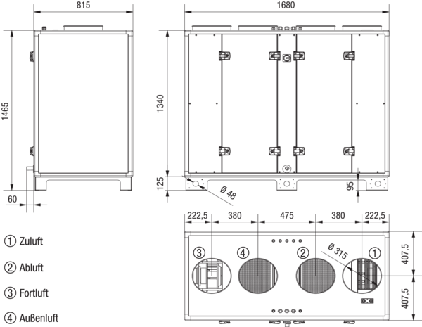 Reco-Boxx 1500 ZXA-R IM0019608.PNG Luft-Luft Wärmerückgewinnungs-Zentralgerät mit Gegenstromwärmetauscher und modulierendem 0-100%-Bypass. Obenliegende Luftanschlüsse. Zuluftanschluss rechts (-R). 