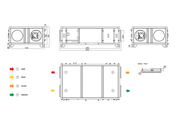 RLT 2300 MV4523HL-WH-Mode 5 IM0022618.PNG Zentrales raumlufttechnisches Kompaktgerät mit Wärmerückgewinnung. Ausführung: Horizontal mit Zu- und Abluftanschluss links, bedarfsgeführter, volumenstromkonstanter Betrieb über CO²-Sensor, mit Kreuz-Gegenstrom-Wärmetauscher, ohne Vorheizregister, mit Pumpenwarmwasserregister, Fördervolumen bis 2300 m³/h