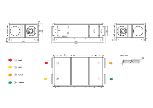 RLT 2300 MV4523HL-PH-WH-Mode 4 IM0022618.PNG Zentrales raumlufttechnisches Kompaktgerät mit Wärmerückgewinnung. Ausführung: Horizontal mit Zu- und Abluftanschluss links, volumenstromkonstanter Betrieb, mit Kreuz-Gegenstrom-Wärmetauscher, mit Elektro-Vorheizregister, mit Pumpenwarmwasserregister, Fördervolumen bis 2300 m³/h