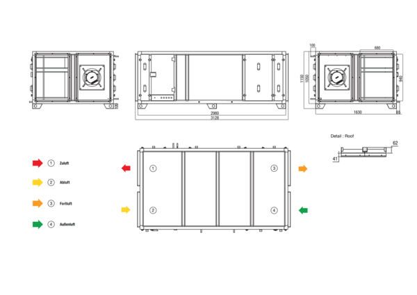 RLT 4000 MV4540HL-Mode 3 IM0022632.PNG Zentrales raumlufttechnisches Kompaktgerät mit Wärmerückgewinnung. Ausführung: Horizontal mit Zu- und Abluftanschluss links, druckkonstanter Betrieb, mit Kreuz-Gegenstrom-Wärmetauscher, ohne Vorheizregister, ohne Nachheizregister, Fördervolumen bis 4000 m³/h