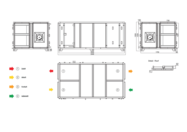RLT 5500 MV4555HL-EH-Mode 5 IM0022636.PNG Zentrales raumlufttechnisches Kompaktgerät mit Wärmerückgewinnung. Ausführung: Horizontal mit Zu- und Abluftanschluss links, bedarfsgeführter, volumenstromkonstanter Betrieb über CO²-Sensor, mit Kreuz-Gegenstrom-Wärmetauscher, ohne Vorheizregister, mit Elektro-Nachheizregister,Fördervolumen bis 5500 m³/h