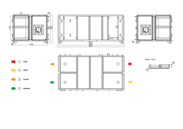 RLT 5500 MV4555HR-Mode 5 IM0022638.PNG Zentrales raumlufttechnisches Kompaktgerät mit Wärmerückgewinnung. Ausführung: Horizontal mit Zu- und Abluftanschluss rechts, bedarfsgeführter, volumenstromkonstanter Betrieb über CO²-Sensor, mit Kreuz-Gegenstrom-Wärmetauscher, ohne Vorheizregister, ohne Nachheizregister Fördervolumen bis 5500 m³/h