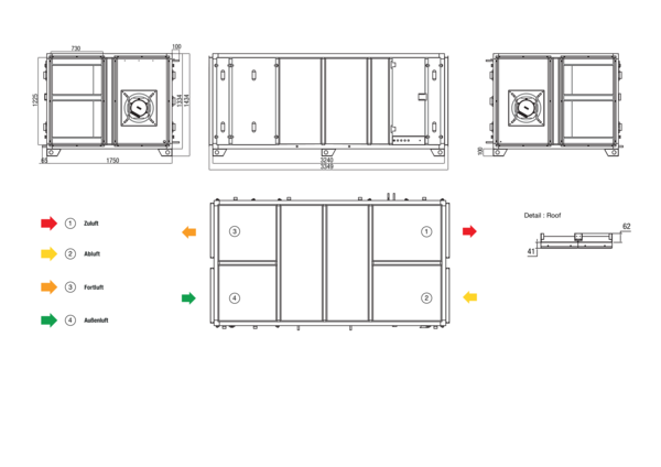 RLT 5500 MV4555HR-PH-EH-Mode 5 IM0022638.PNG Zentrales raumlufttechnisches Kompaktgerät mit Wärmerückgewinnung. Ausführung: Horizontal mit Zu- und Abluftanschluss rechts, bedarfsgeführter, volumenstromkonstanter Betrieb über CO²-Sensor, mit Kreuz-Gegenstrom-Wärmetauscher, mit Elektro-Vorheizregister, mit Elektro-Nachheizregister, Fördervolumen bis 5500 m³/h