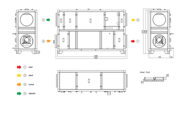 RLT 2300 MV4523VR-Mode 5 IM0022652.PNG Zentrales raumlufttechnisches Kompaktgerät mit Wärmerückgewinnung. Ausführung: Vertikal mit Zu- und Abluftanschluss rechts, bedarfsgeführter, volumenstromkonstanter Betrieb über CO²-Sensor, mit Kreuz-Gegenstrom-Wärmetauscher, ohne Vorheizregister, ohne Nachheizregister Fördervolumen bis 2300 m³/h