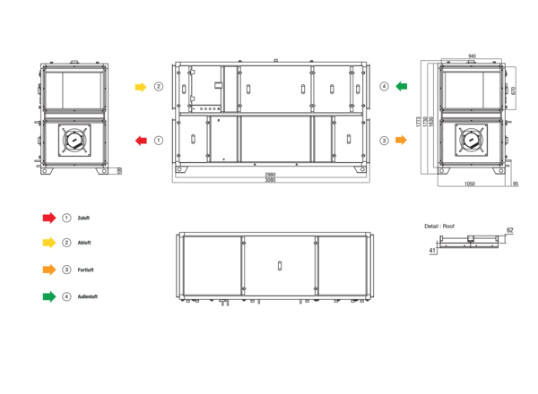RLT 4000 MV4540VL-Mode 3 IM0022654.PNG Zentrales raumlufttechnisches Kompaktgerät mit Wärmerückgewinnung. Ausführung: Vertikal mit Zu- und Abluftanschluss links, druckkonstanter Betrieb, mit Kreuz-Gegenstrom-Wärmetauscher, ohne Vorheizregister, ohne Nachheizregister, Fördervolumen bis 4000 m³/h