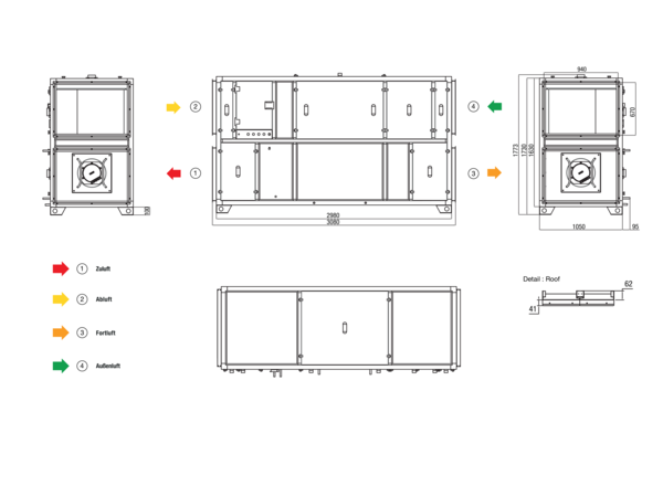 RLT 4000 MV4540VL-PH-WH-Mode 5 IM0022654.PNG Zentrales raumlufttechnisches Kompaktgerät mit Wärmerückgewinnung. Ausführung: Vertikal mit Zu- und Abluftanschluss links, bedarfsgeführter, volumenstromkonstanter Betrieb über CO²-Sensor, mit Kreuz-Gegenstrom-Wärmetauscher, mit Elektro-Vorheizregister, mit Pumpenwarmwasserregister, Fördervolumen bis 4000 m³/h