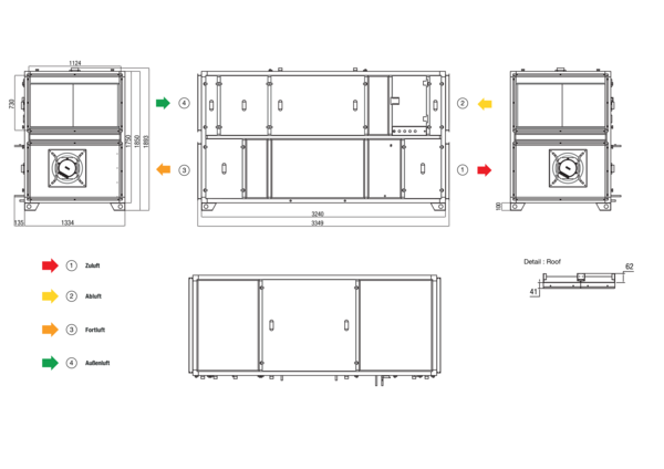 RLT 5500 MV4555VR-Mode 3 IM0022659.PNG Zentrales raumlufttechnisches Kompaktgerät mit Wärmerückgewinnung. Ausführung: Vertikal mit Zu- und Abluftanschluss rechts, druckkonstanter Betrieb, mit Kreuz-Gegenstrom-Wärmetauscher, ohne Vorheizregister, ohne Nachheizregister Fördervolumen bis 5500 m³/h