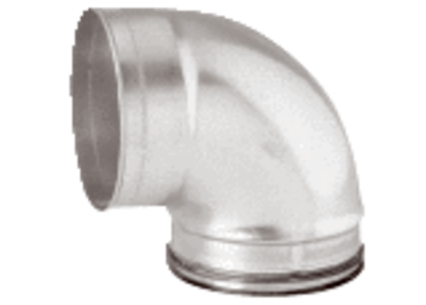 BKMU-125-90 IM0010657.PNG 90°-Bogen aus Stahlblech. Eine Seite DN 125, andere Seite Muffenmaß 125 mm (Länge Muffe: 40 mm) für den direkten Einbau von Zuluft- oder Abluftventilen mit Nippelmaß.