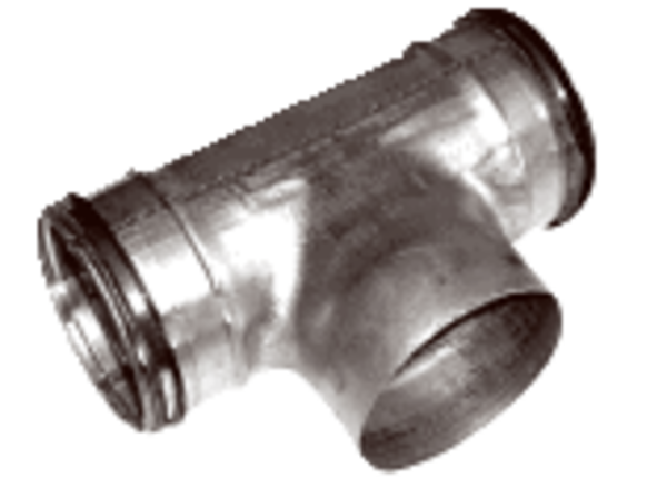 TCPFU-125-100 IM0010740.PNG T-Stück DN 125. Durchgang: beide Enden Nippelmaß mit Doppellippendichtung. Abgang: Muffenmaß 100 mm für den direkten Einbau von Zuluft- oder Abluftventilen mit Nippelmaß.