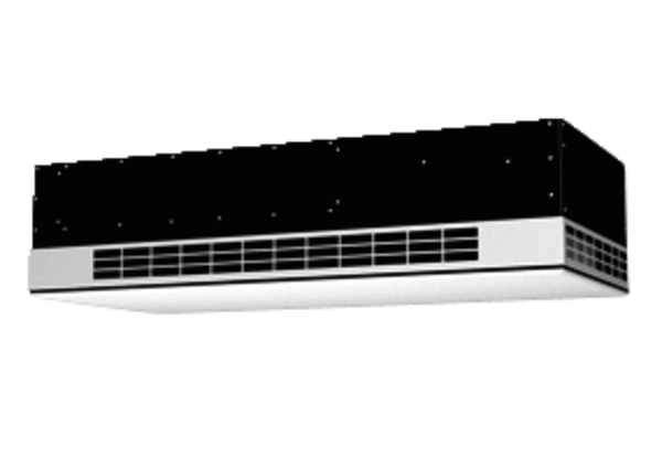 TOP 300 DT IM0014417.PNG Dezentrales Lüftungsgerät mit Wärmerückgewinnung für maximal 300 m3/h, als teilintegriertes Dachmodell, Außen- und Fortluft oben am Gerät in abgehängter Decke. Zuluft vorne, Abluft seitlich.