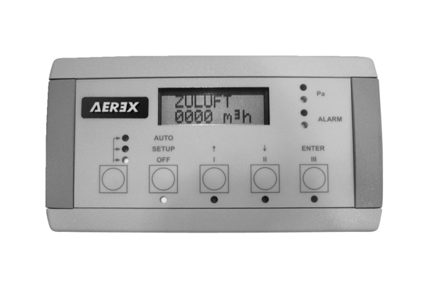 RC-1 IM0016227.PNG Fernbedienung mit LCD-Display und integriertem Timer. Zur Konfiguration und operativen Kontrolle von 1 WRG-Gerät Aerex Reco-Boxx ZX, ZXA, Flat oder CRB.