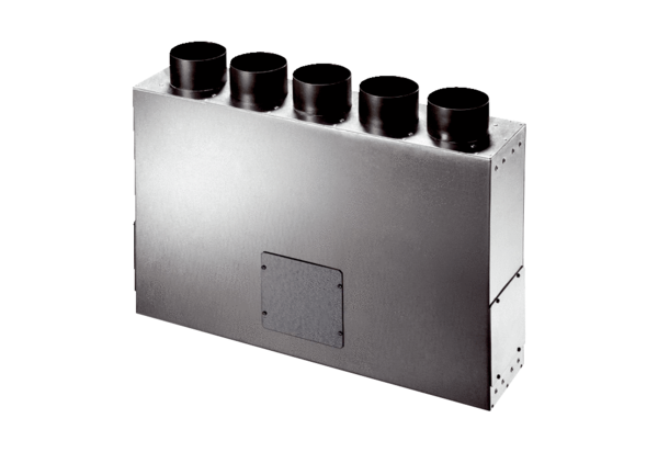 KALV-90-125-5 IM0016296.PNG Kombi-Aufputz-Luftverteiler mit Schalldämmung für 90er Aerex-o-Flex Rohrsystem mit 5 Anschlüssen.
