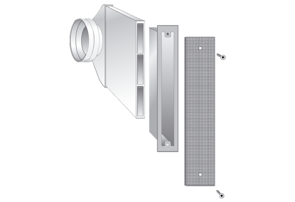 LE-80 dBplus-Basis IM0017980.PNG LE-80 dBplus ist die passende Ergänzung zur Rohbauhülse RH 80 dBplus (Art-Nr. 0047.0187). Bestehend aus:␍1x Winkelstück mit rundem Anschluss DN 150␍1x Flachkanal B/H/L: 233 / 29 / 500 mm␍1x Außengitter aus Edelstahl B/H: 63 / 281 mm