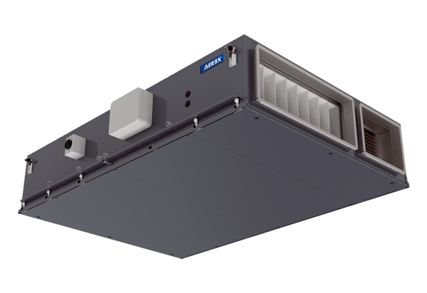 Reco-Boxx 2700 Flat-H-R / WN IM0018465.PNG Kompaktes, hocheffizientes Wärmerückgewinnungs-Zentralgerät mit extrem energiesparenden, direktgetriebenen EC-Radialventilatoren für wahlweisen druck- bzw. volumenstromkonstanten Betrieb. Extrem flache Bauweise für Deckenmontage mit integriertem Sommerbypass und Wassernachheizung.