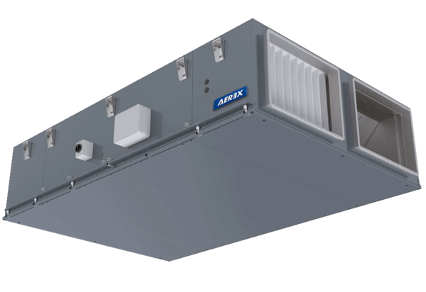 Reco-Boxx 3300 Flat-H-R / WN IM0019129.PNG Kompaktes, hocheffizientes Wärmerückgewinnungs-Zentralgerät mit extrem energiesparenden, direktgetriebenen EC-Radialventilatoren für wahlweisen druck- bzw. volumenstromkonstanten Betrieb. Extrem flache Bauweise für Deckenmontage mit integriertem Sommerbypass und Wassernachheizung.
