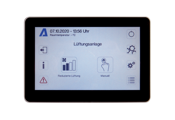 RLS T1 SYS IM0019637.PNG Touch-Bedienteil passend zu geniovent.x-Geräten mit air@home-Regelung. Mehrgerätefähig bis 10 geniovent.x - Geräte.